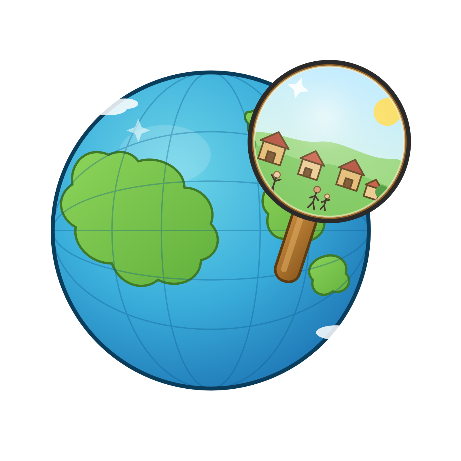 A globe being examined with a magnifying glass